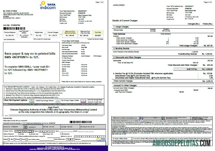realista Modelo de conta de serviços públicos Tata Indicom da Índia em formatos Word e PDF, 2 páginas